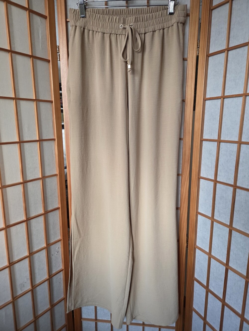 NWT WOMENS MICHAEL KORS BEIGE POLYESTER WIDE SLIT SIDES STRETCH WAIST PANTS S